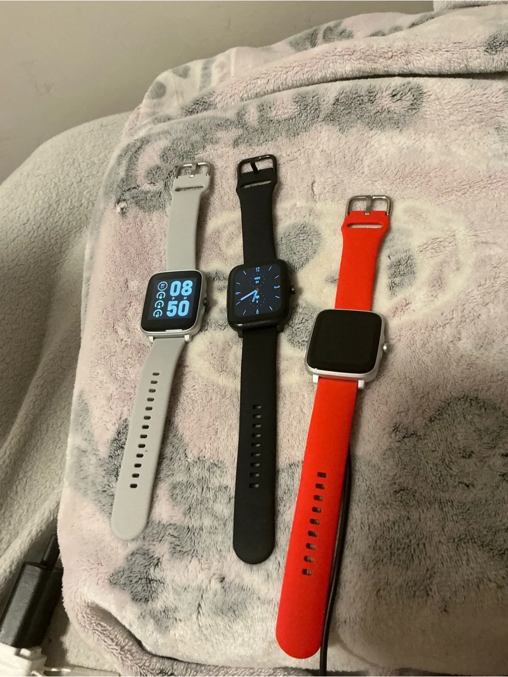 Square-Face Smartwatch with Interchangeable Light Gray, Black & Red Straps